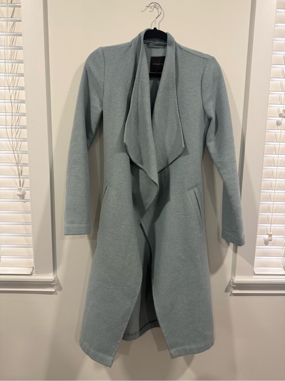 Blue Open-Front Long Coat with Draped Collar